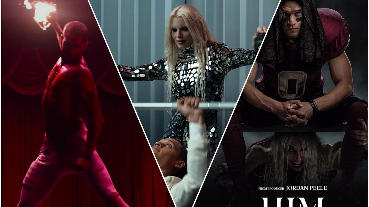 A visually striking promotional image for 'HIM,' featuring three distinct scenes: a muscular man in a dramatic pose with a flame, a woman in a shimmering silver outfit, and a tense close-up of a football player. The image highlights themes of strength and intensity.
