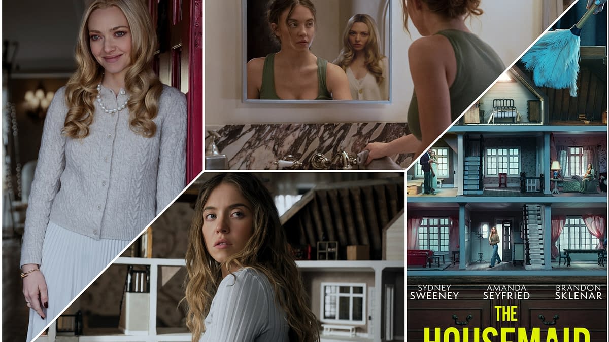 A cinematic collage featuring various scenes from 'The Housemaid', showcasing characters in a luxurious setting, reflections in a mirror, and a model house. The promotional image includes the film's title prominently displayed.
