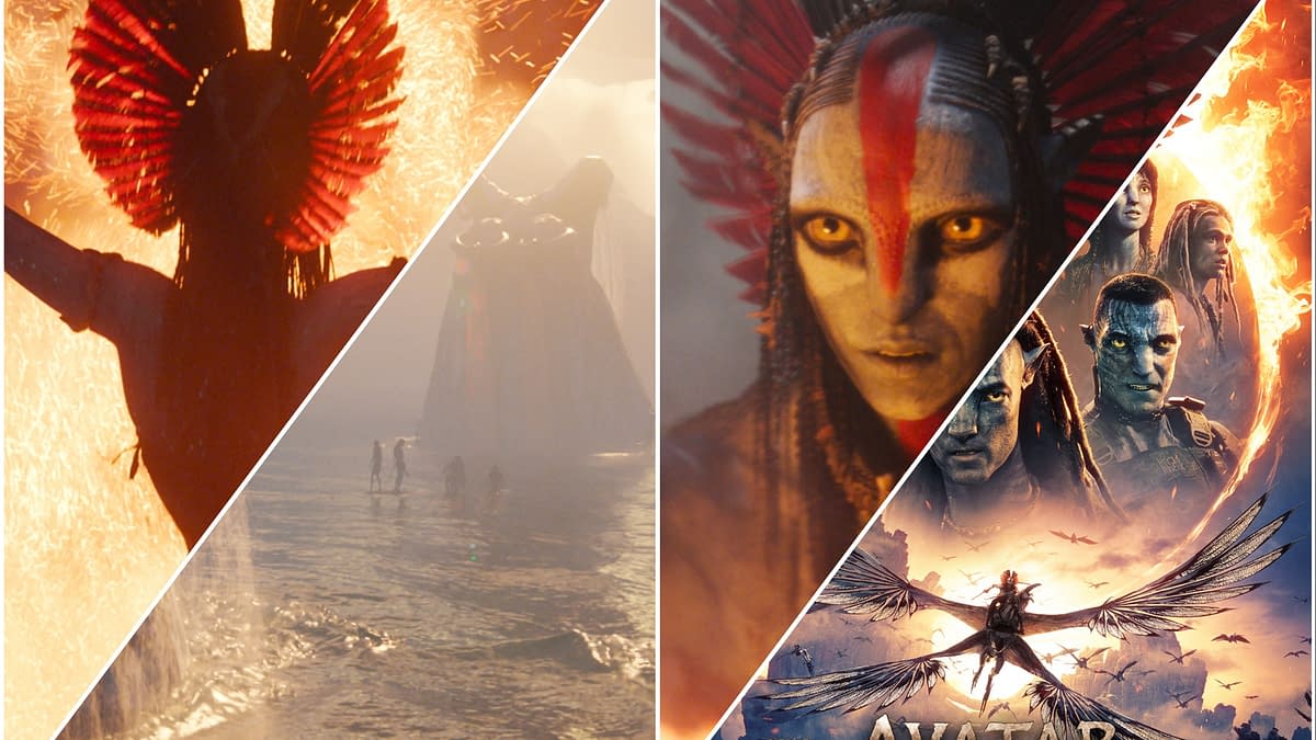 An illustration for 'Avatar: Fire and Ash' featuring a central character with distinctive tribal features and headdress, surrounded by fiery and mystical elements. The image combines scenes of water, characters, and an artistic representation of the title with dramatic visual effects.