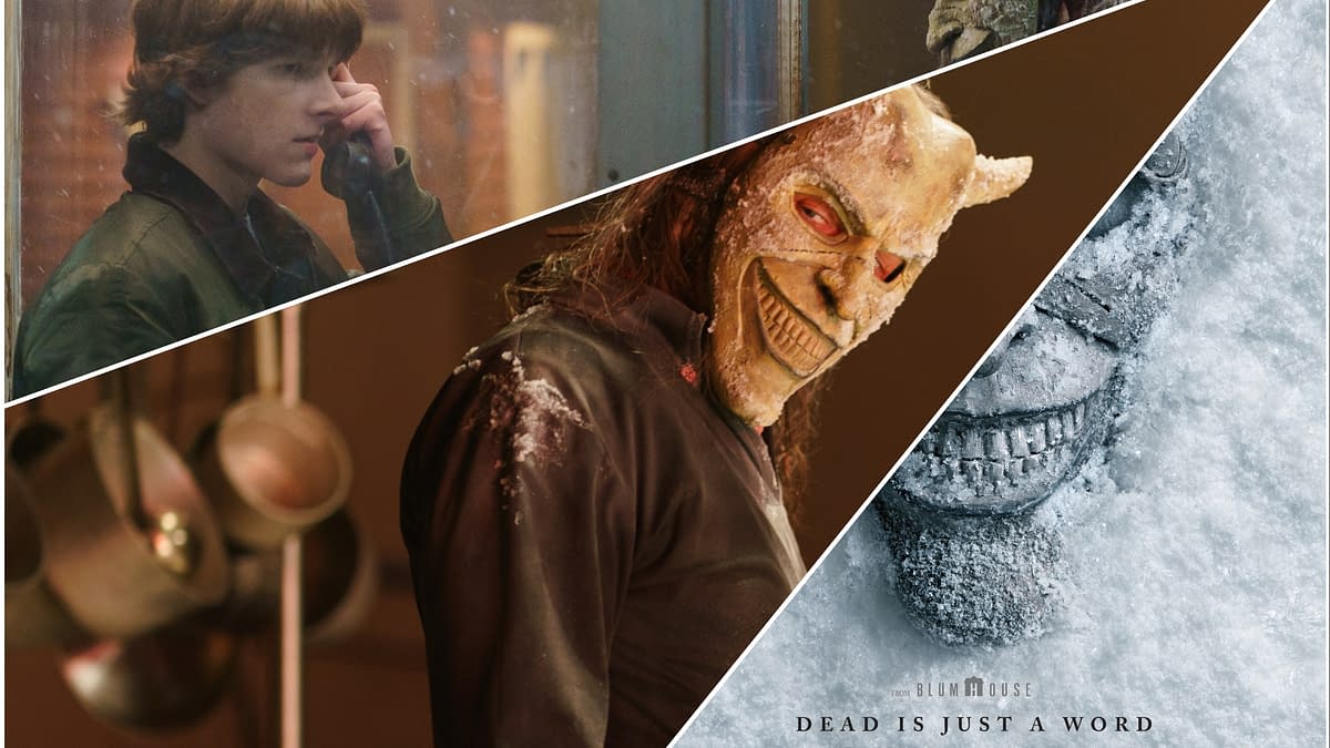 A collage featuring a young boy speaking on a payphone, a figure wearing a sinister mask, and a snowy scene with ominous imagery, promoting 'Black Phone 2' with the tagline 'Dead is Just a Word.'