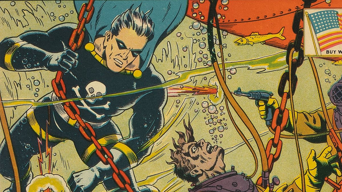 Exciting Comics #28 (Nedor, 1943).An illustration from Exciting Comics #28 shows a superhero in a black outfit with a skull emblem, wielding a chain underwater. He faces an antagonist who is underwater, screaming, while another character holds a weapon and bubbles surround them.