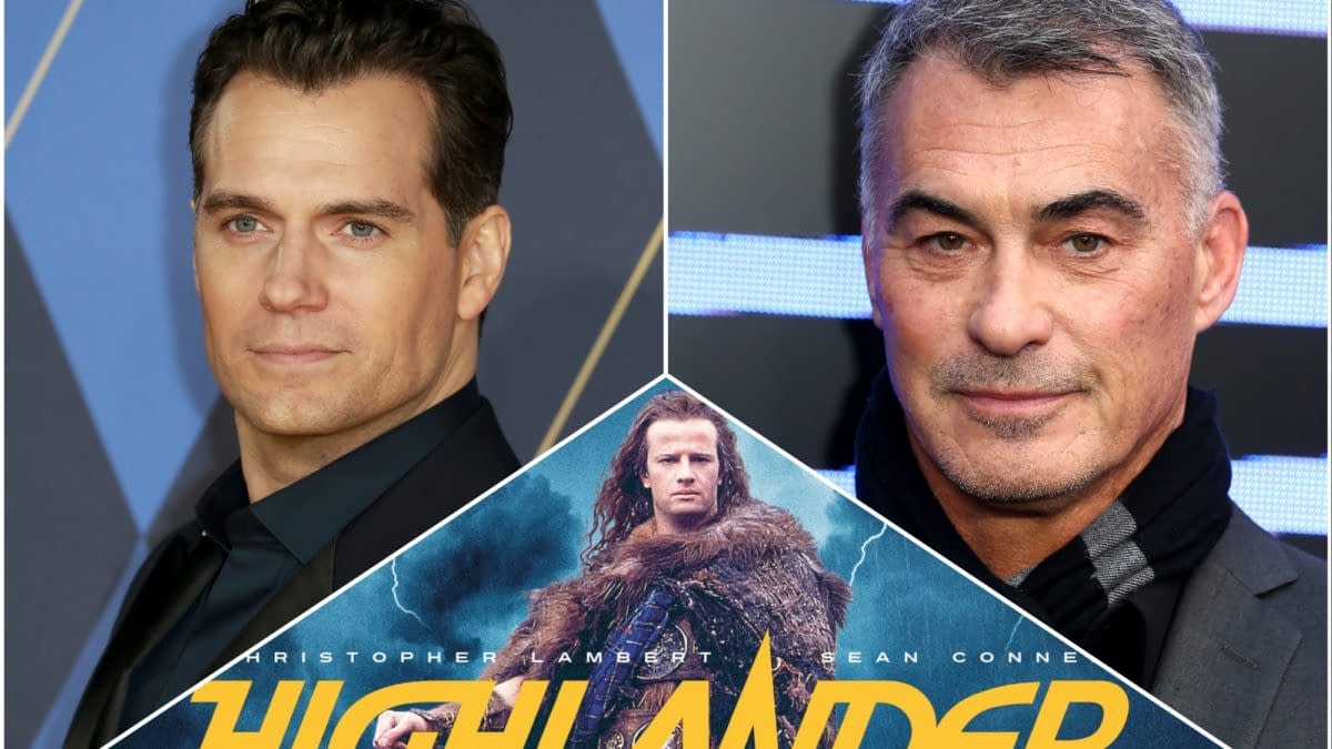 A split image featuring two actors, Henry Cavill on the left and Chad Michael Murray on the right, with a promotional graphic for the film "Highlander" at the bottom. The graphic showcases a character dressed in fur, with lightning effects and the film's title prominently displayed.