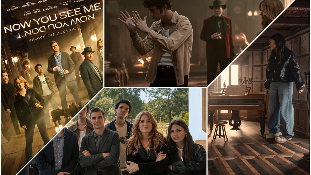 A promotional collage for the film 'Now You See Me: Now You Don't,' featuring characters engaged in magic and illusion. The image showcases a mix of scenes with the cast in various dramatic settings, emphasizing mystery and intrigue.