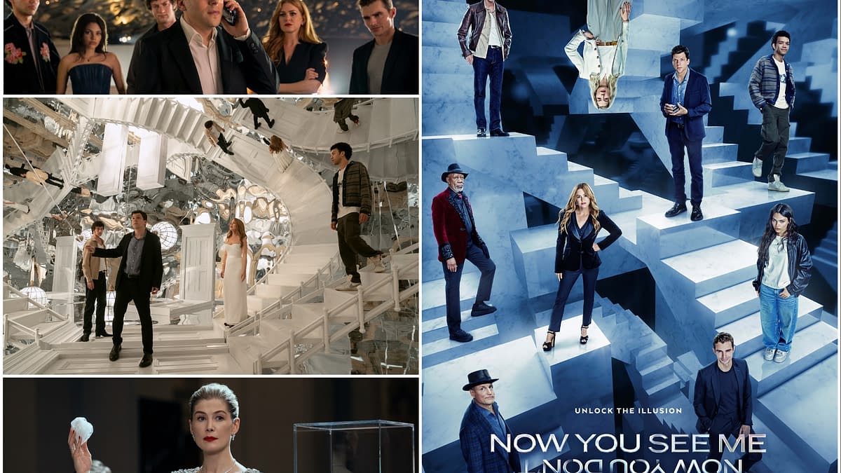 A promotional collage for 'Now You See Me: Now You Don't,' featuring a group of performers in stylish attire, dramatic mirrored backdrops, and an abstract staircase design, emphasizing themes of illusion and suspense.