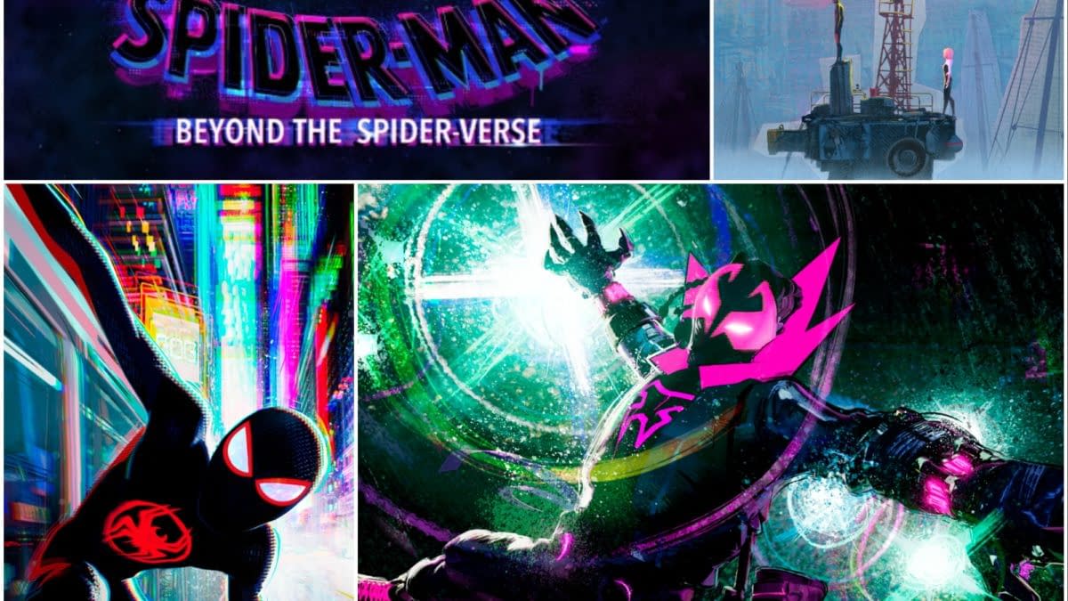 A colorful cartoon-style illustration featuring the title 'Spider-Man: Beyond the Spider-Verse' prominently displayed. The image showcases dynamic characters, including a black-suited Spider-Man and a character with a pink mask, set against a vibrant, digital city backdrop.