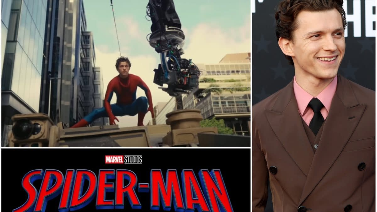 A scene from 'Spider-Man: Brand New Day' featuring Tom Holland as Spider-Man in his iconic red and blue suit, crouching on a vehicle in an urban setting, with a film camera rig above him. The image includes the movie title logo prominently displayed at the bottom.