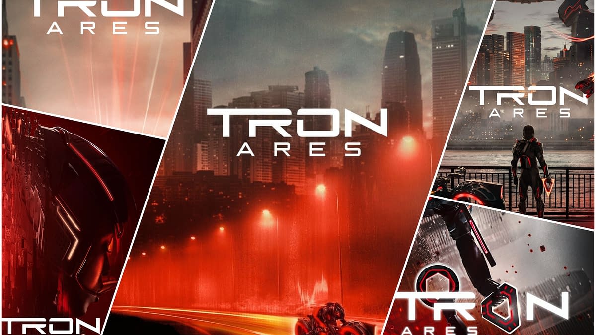 A promotional poster collage for 'TRON: Ares', featuring bold text with the title prominently displayed. The design includes futuristic imagery with vibrant red tones, depicting a character in a helmet and cityscape, suggesting action and sci-fi themes.