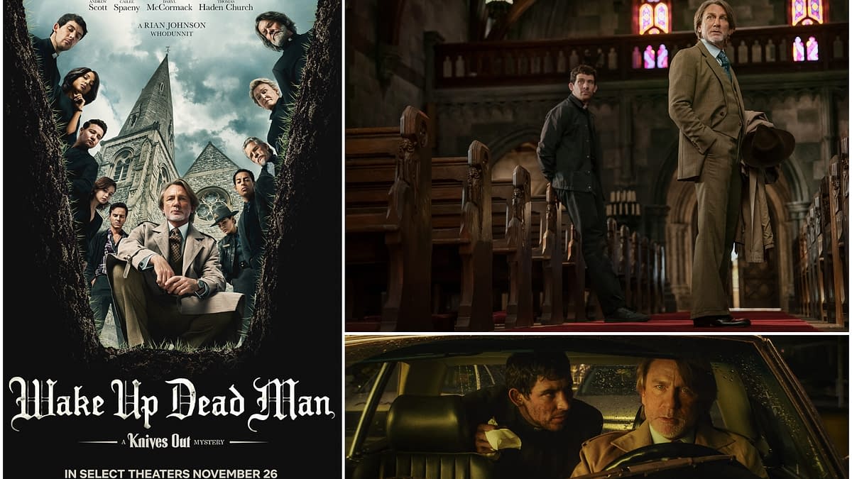 Teaser art for 'Wake Up Dead Man', featuring the main cast looking down into a grave with a church in the background. Several scenes from the film depict characters inside a church and in a car, suggesting a mysterious whodunit theme.