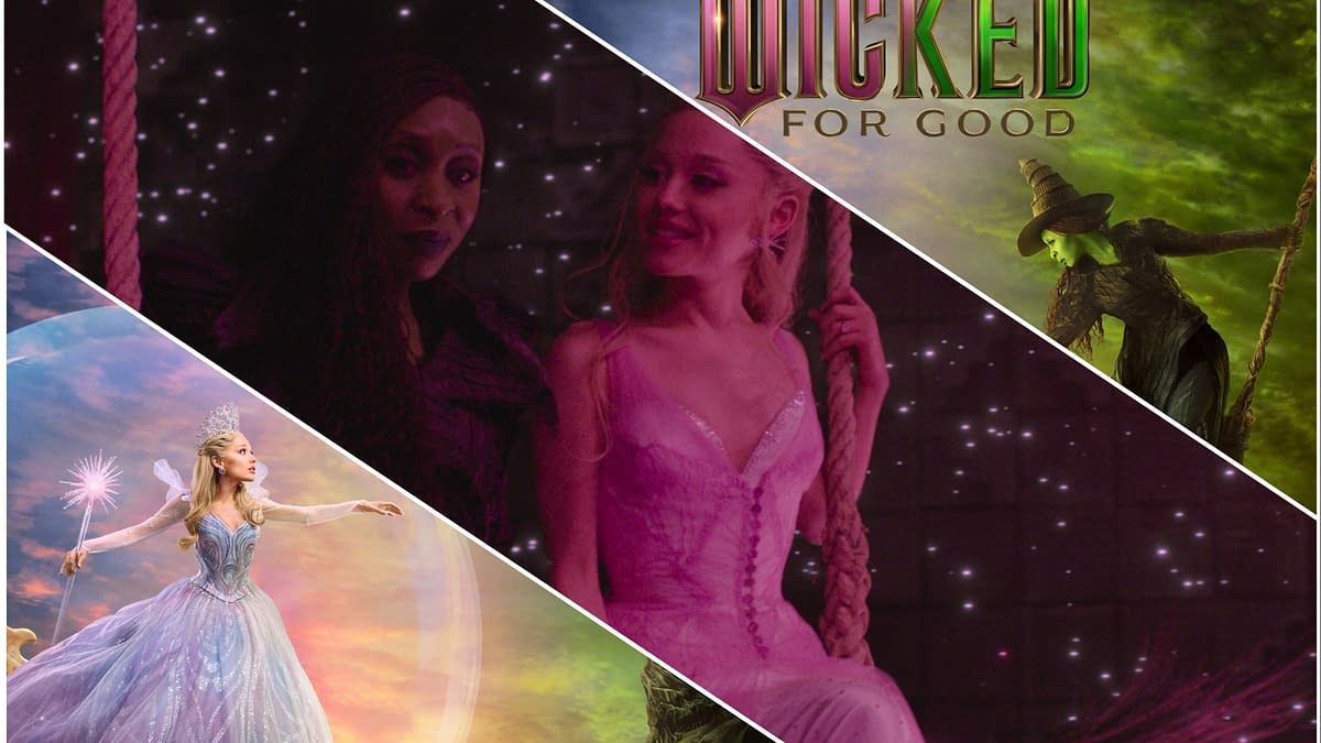 A collage from the musical "Wicked: For Good" featuring two main characters, one with dark hair in a dark outfit and the other in a light pink gown, both looking at each other. The image also includes a flying witch in a green outfit and a sparkling backdrop, emphasizing the magical theme.