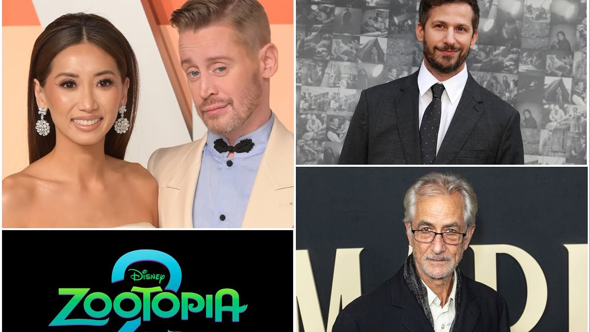 A graphic promoting 'Zootopia 2' features a colorful logo with the title prominently displayed. Surrounding the logo are images of actors Macaulay Culkin, Brenda Song, Andy Samberg, and another individual, each in stylish attire, celebrating their casting in the film.