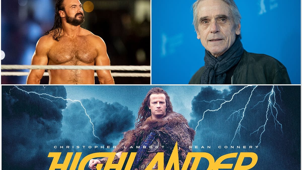 A collage featuring wrestler Drew McIntyre on the left, actor Jeremy Irons on the right, and a promotional poster for the film 'Highlander' at the bottom, which showcases a character holding a sword against a stormy backdrop.