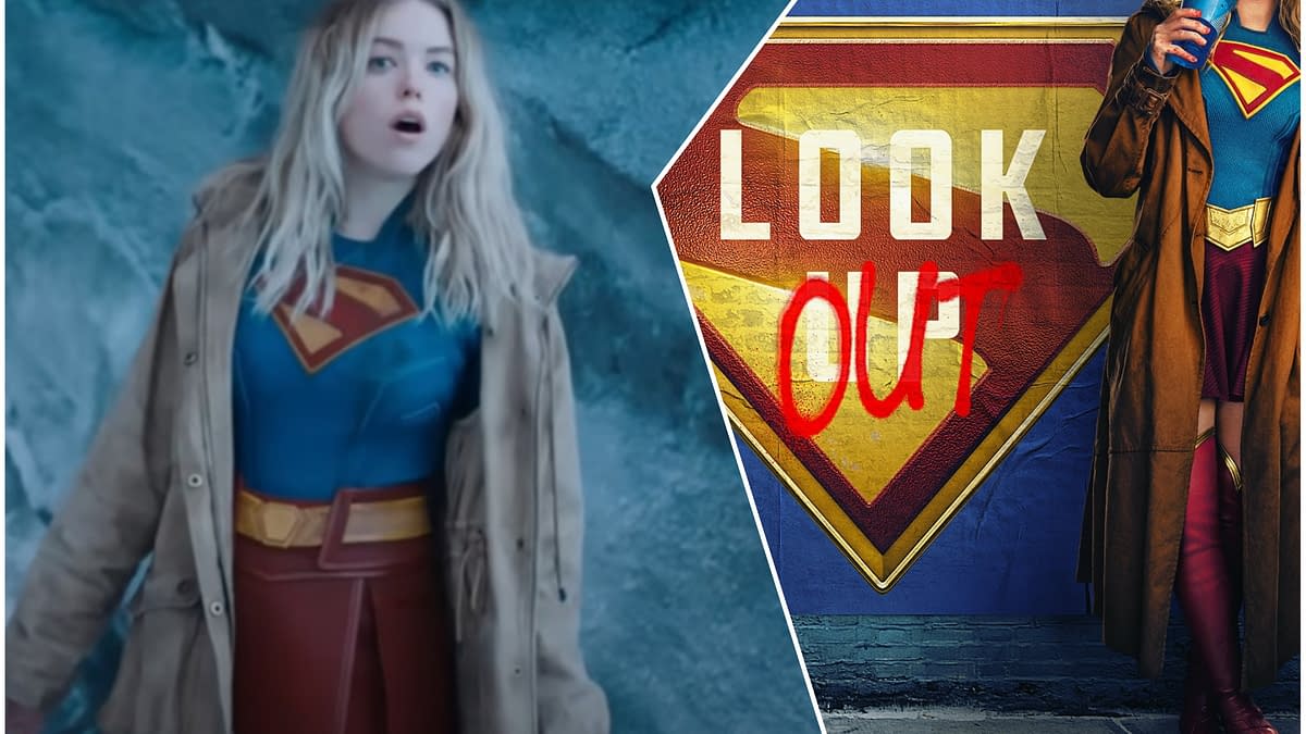 A collage featuring a character in a Supergirl costume with a blue top and red skirt, looking surprised in a snowy setting. The other side shows the Supergirl emblem with the words 'LOOK OUT' spray-painted across it.
