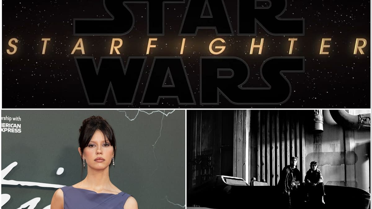 A promotional image for 'Star Wars Starfighter,' featuring the title in bold letters against a starry background. In the foreground, Mia Goth is elegantly posed at an event, wearing a purple dress.