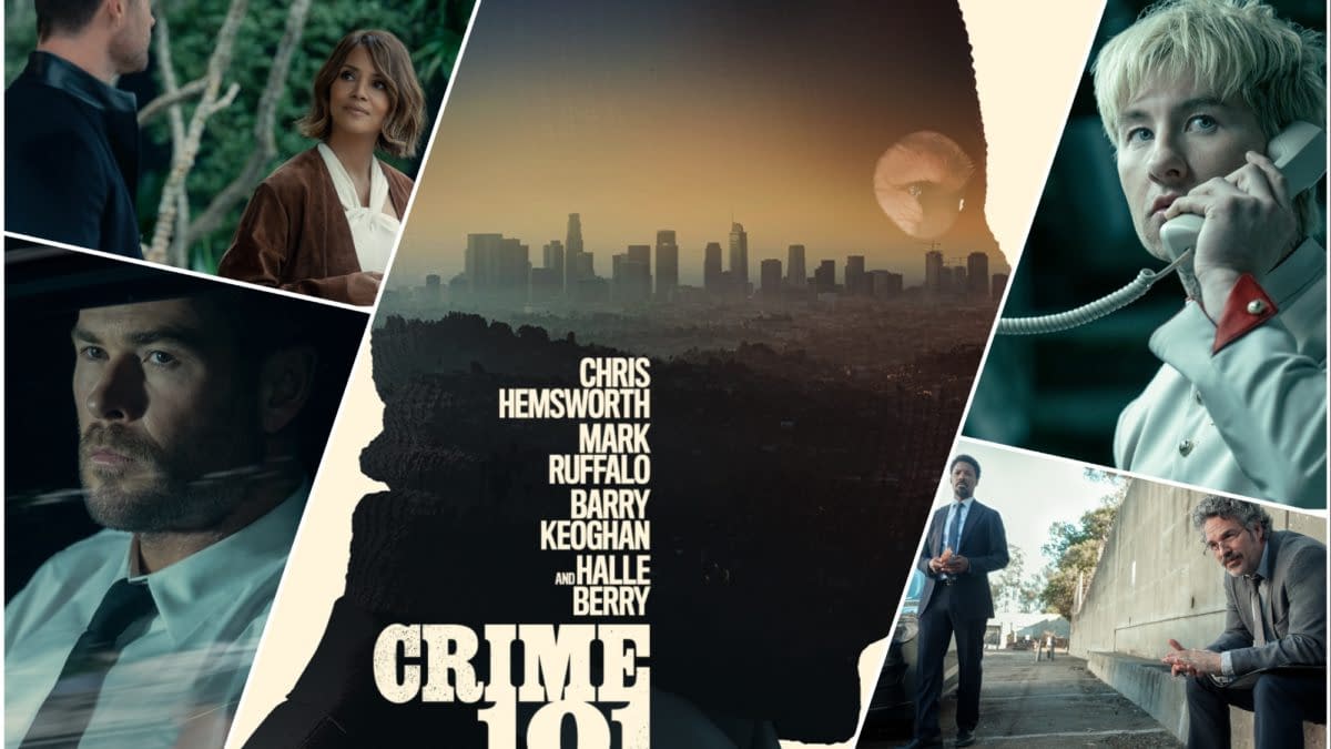 A promotional collage for the film 'Crime 101,' featuring scenes with actors Chris Hemsworth, Halle Berry, Mark Ruffalo, and others, set against a backdrop of a city skyline. The title and credits are prominently displayed.