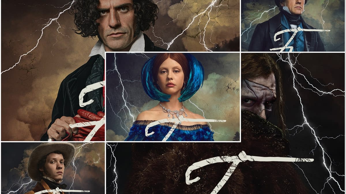 A character poster featuring several individuals with a dark, dramatic theme, surrounded by lightning and stormy skies. Notable figures include characters styled in historical attire, some with intense expressions, evoking a sense of mystery and suspense.