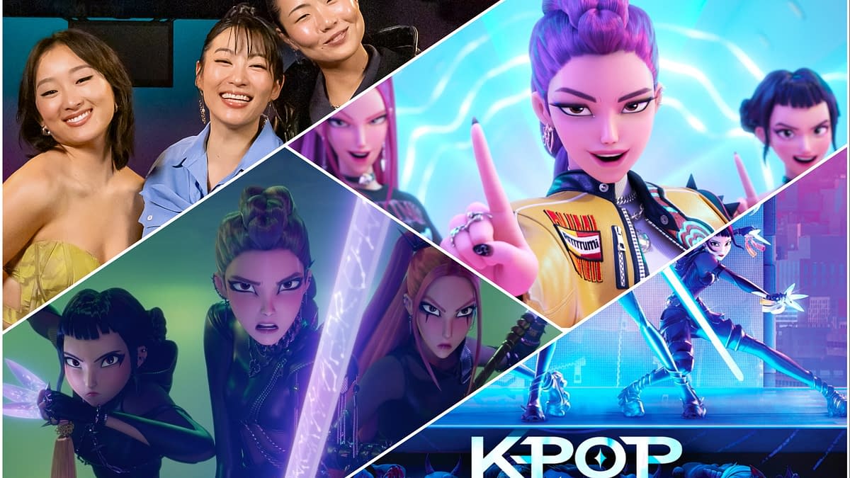 A vibrant illustration featuring characters from 'KPop Demon Hunters', showcasing animated female heroes in stylish outfits and dynamic poses, along with two smiling women in the top left corner. The image highlights themes of action and fantasy, emphasizing the K-pop aesthetic.