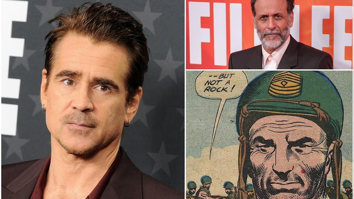 A collage featuring actor Colin Farrell on the left, looking thoughtfully into the camera, and filmmaker Luca Guadagnino on the right, with a serious expression against a colorful background. Below them, a comic illustration of a military character with the text "-- BUT NOT A ROCK!" suggesting a play on words related to the Sgt. Rock film.