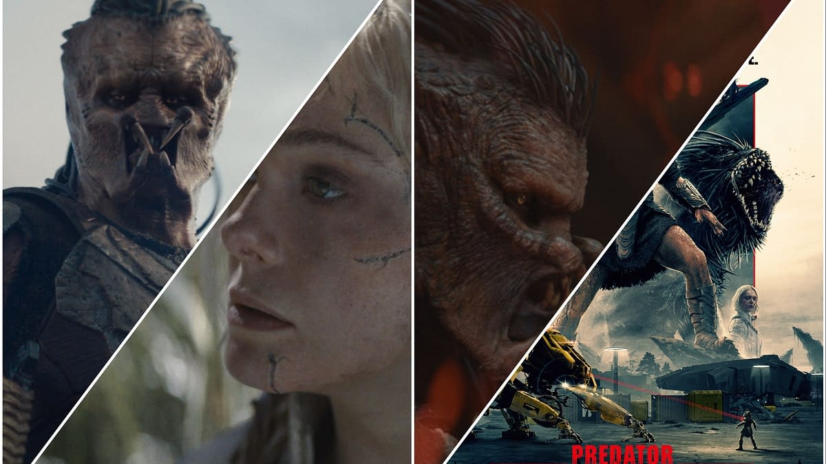 A collage featuring scenes and characters from 'Predator: Badlands,' including a fierce alien figure, a close-up of a distressed human face, and action-packed visuals with a menacing creature alongside machinery. The title 'Predator BADLANDS' is prominently displayed.