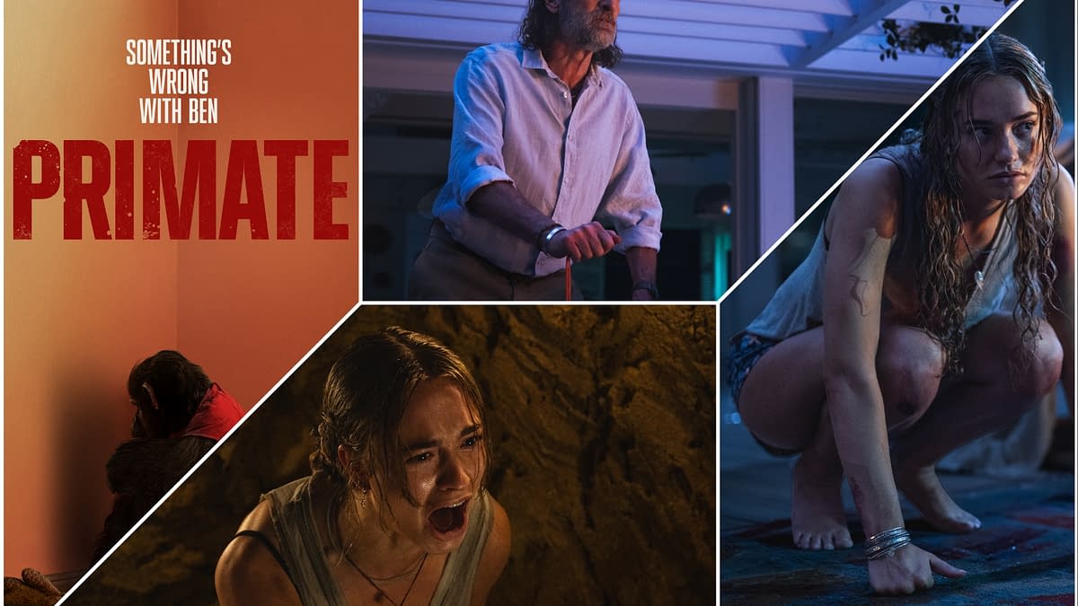 A collage featuring scenes from the horror movie 'Primate,' showing a distressed woman screaming, a concerned man with a cane, and another woman in a crouching position. The image prominently displays the movie title in bold red letters.