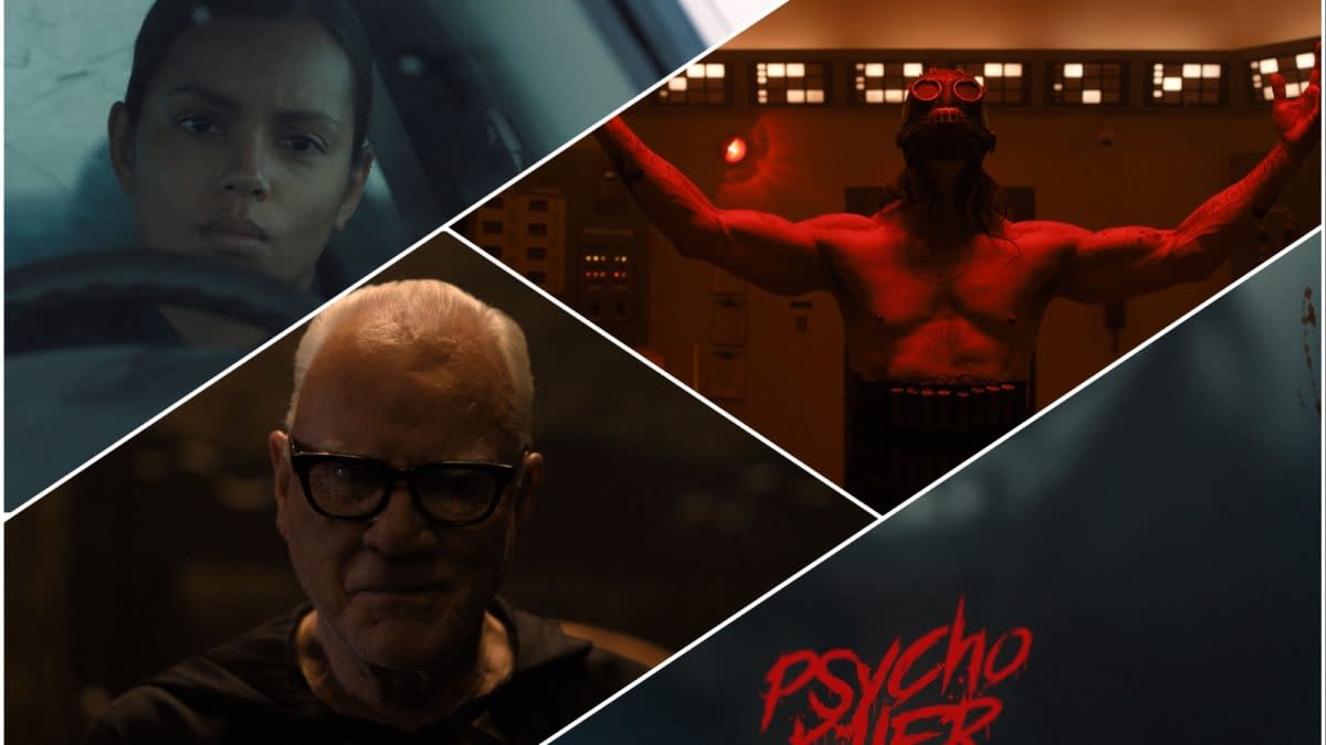 A collage featuring three scenes from the film 'Psycho Killer': a tense woman in a car, a menacing older man in glasses, and a muscular figure with a gas mask in a dramatic red-lit setting, with the film title 'Psycho Killer' in bold red lettering.