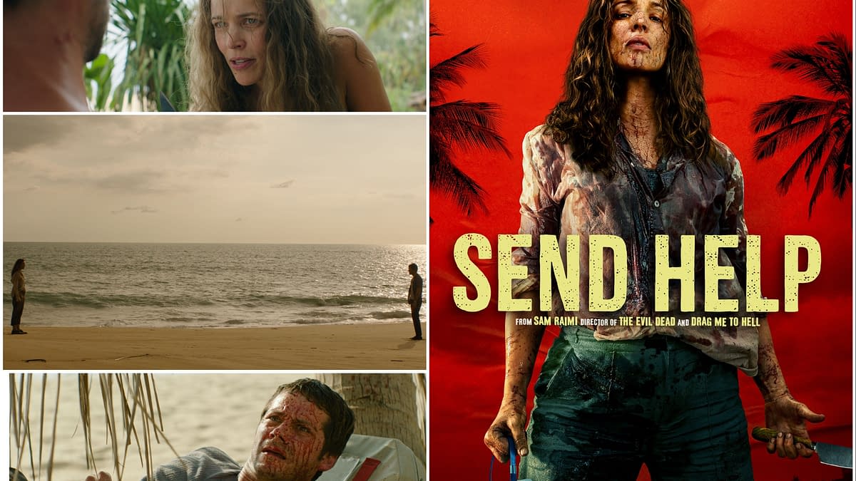 A dramatic movie poster for 'Send Help' featuring a distressed woman covered in blood, standing against a red tropical background adorned with palm trees. The poster highlights the film's intensity and themes of survival and horror.
