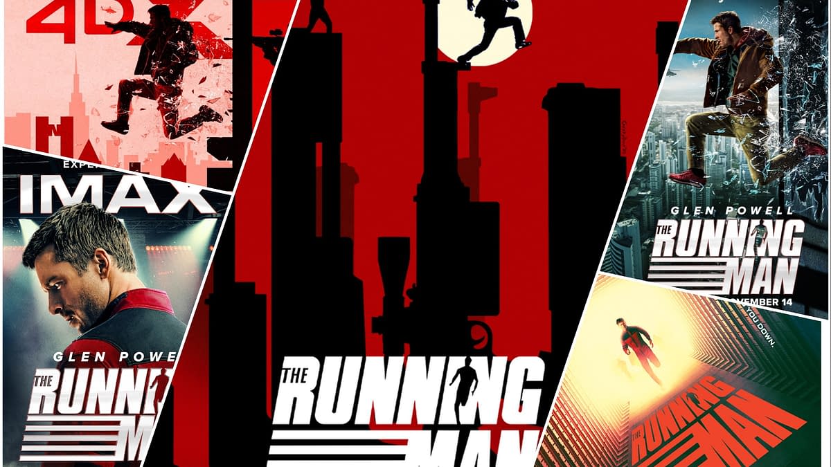 A collage of promotional posters for 'The Running Man,' featuring dynamic scenes with a protagonist running and various cityscapes in the background. Key elements include bold typography, a prominent logo, and thematic colors of red and black.