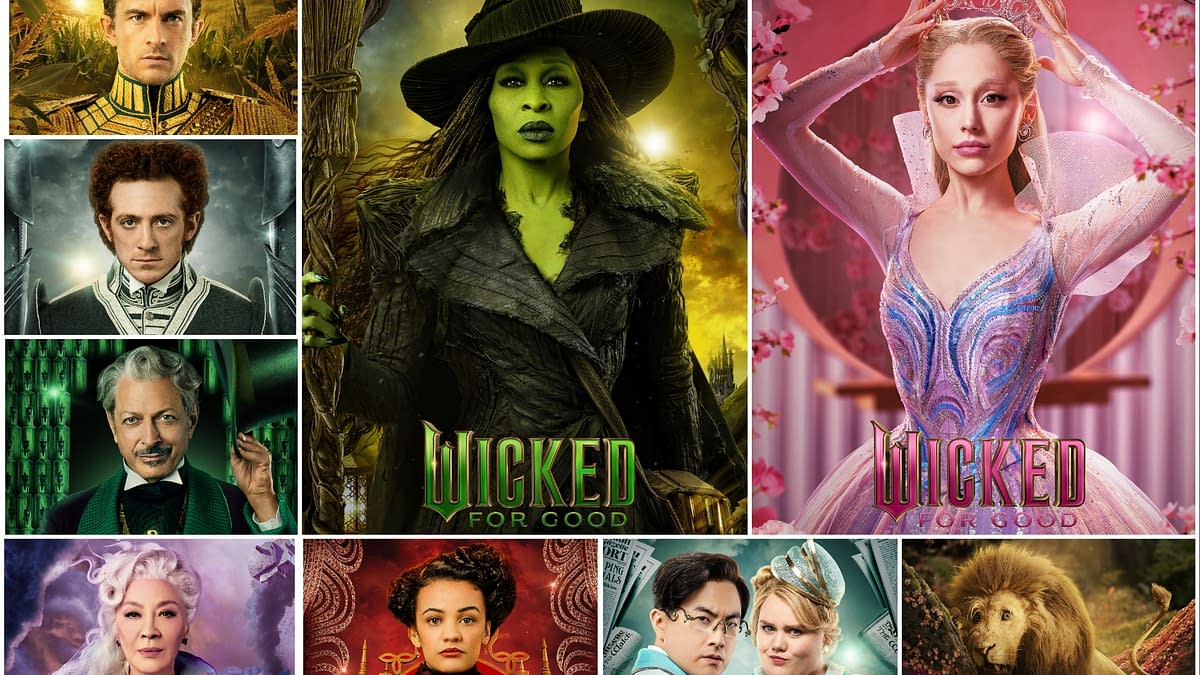 A collage of character posters for the musical 'Wicked for Good,' featuring key characters such as the Wicked Witch of the West and Glinda, alongside other notable figures in the story, set against vibrant backgrounds.