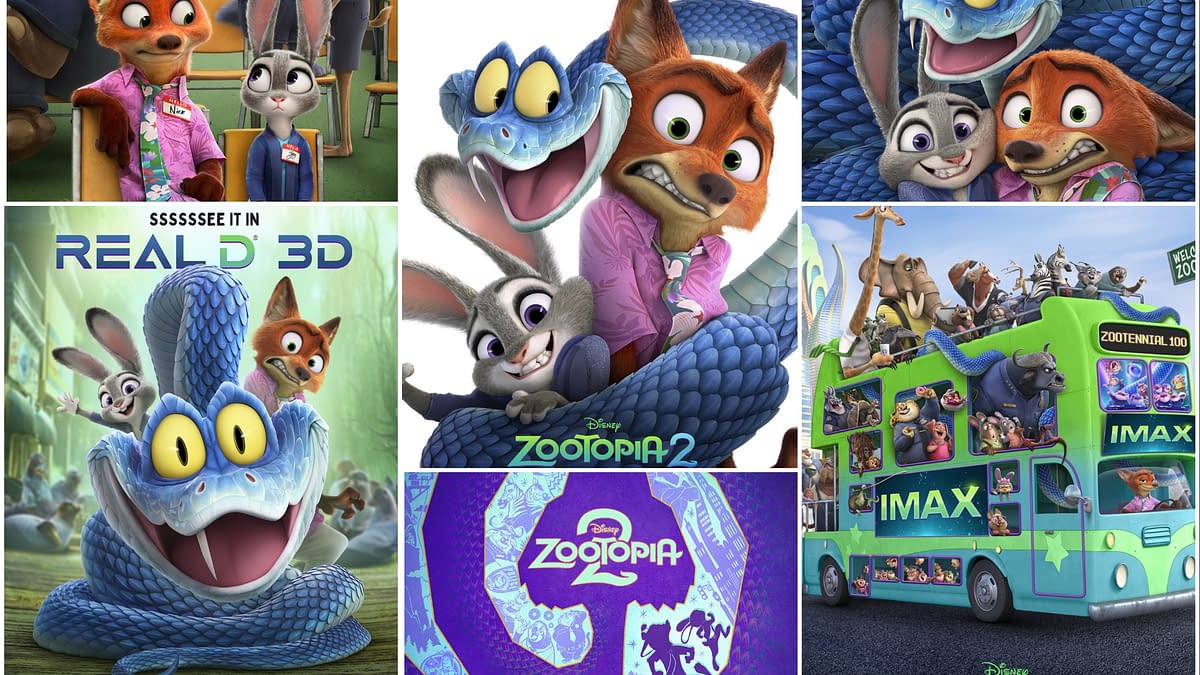 A vibrant collage of characters from Disney's 'Zootopia 2,' featuring Nick Wilde, Judy Hopps, and other anthropomorphic animals, promoting the film in various formats like IMAX and RealD 3D. The colorful artwork highlights the fun and adventurous spirit of the movie.