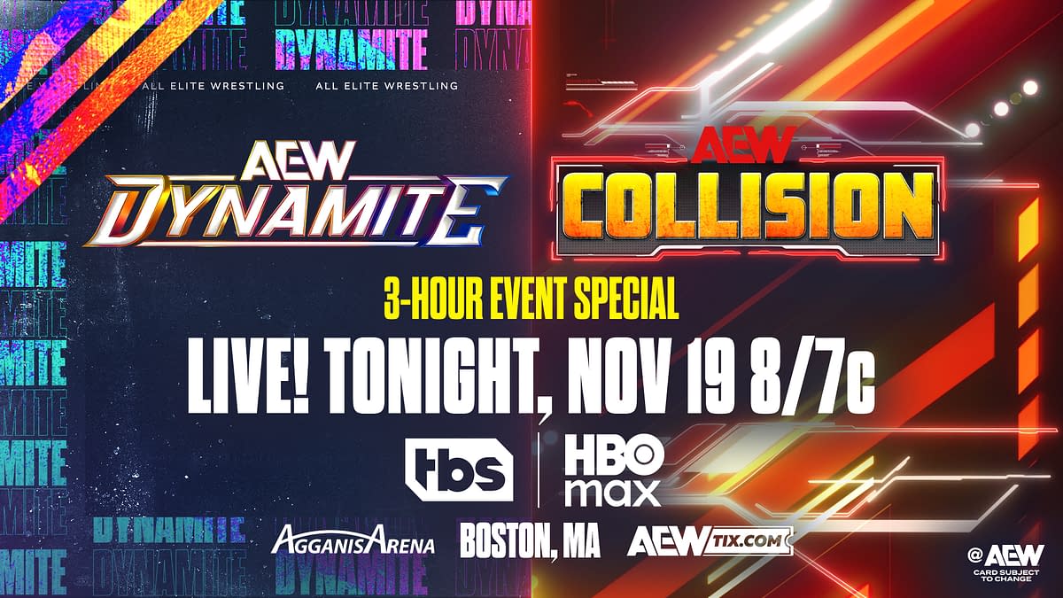 Promotional graphic for a wrestling event featuring the logos of AEW Dynamite and AEW Collision, with vibrant colors and details about the live event schedule.