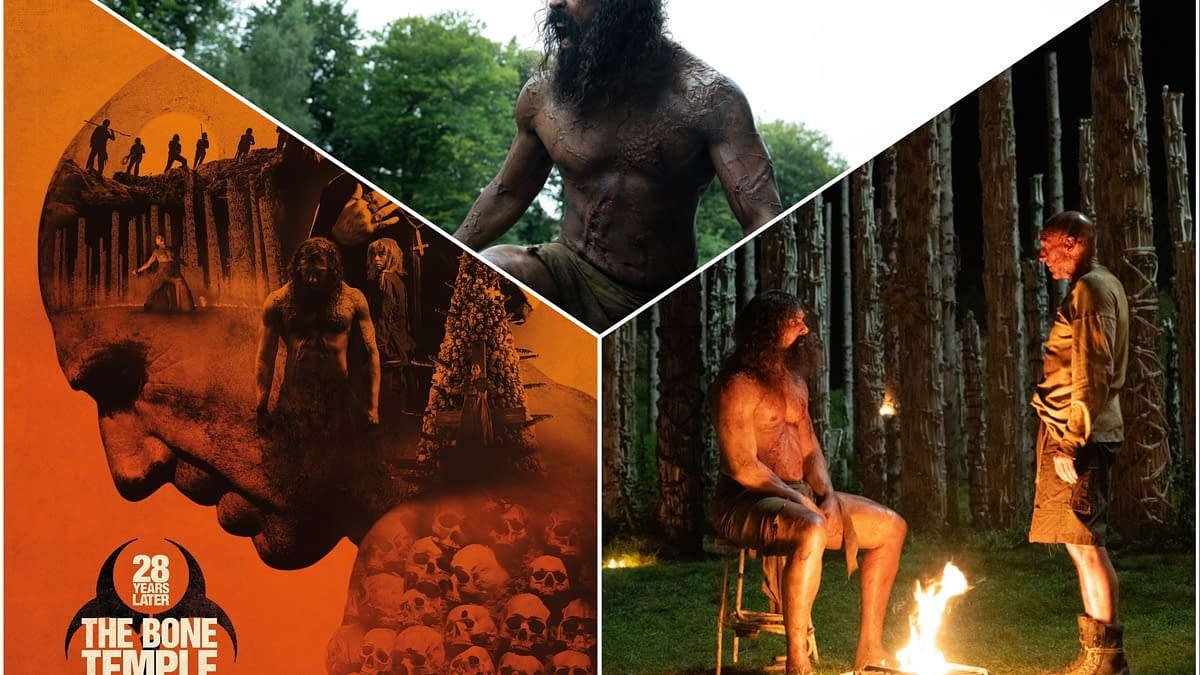 A promotional collage for 'The Bone Temple,' featuring dark, atmospheric imagery. The centerpiece displays a muscular, bearded man in a primal state, surrounded by elements like skulls and shadowy figures, evoking themes of fear and ancient ritual.