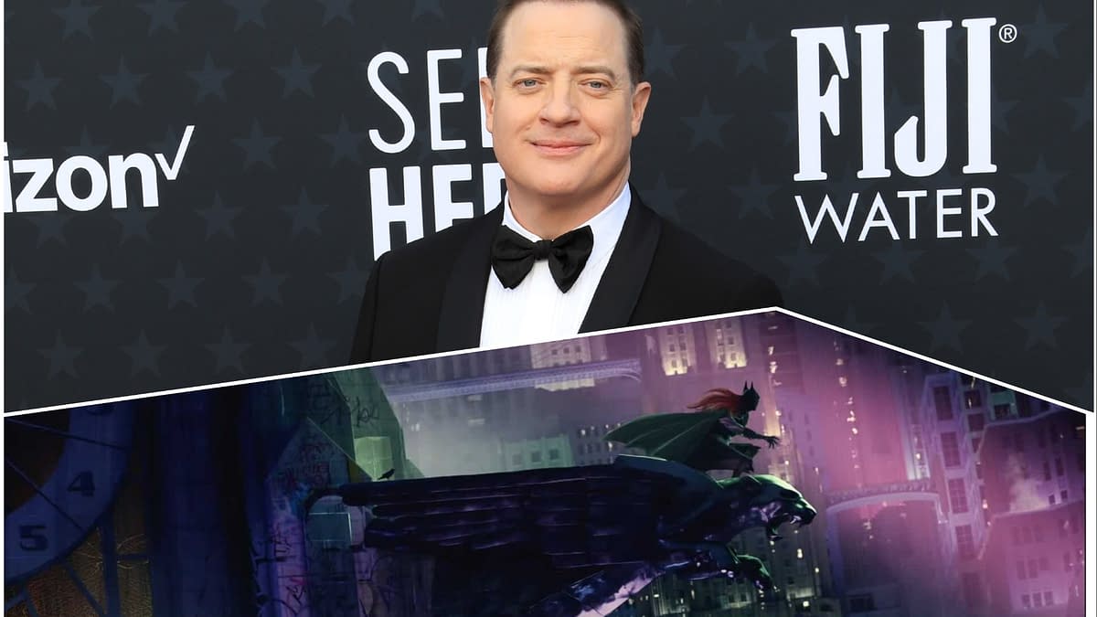 Brendan Fraser poses in a tuxedo at an event, with a backdrop featuring the text 'See Her' and logos for Verizon and Fiji Water. In the lower section, an illustration shows Batgirl in a superhero pose, standing on a gargoyle overlooking a cityscape.