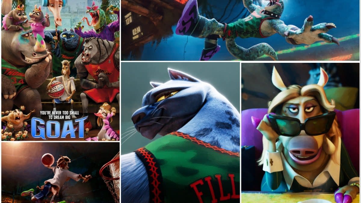 A collage of animated scenes from the movie 'GOAT,' featuring anthropomorphic animals engaged in basketball activities, showcasing dynamic poses and expressions, with a title highlighting the film's theme of dreaming big.