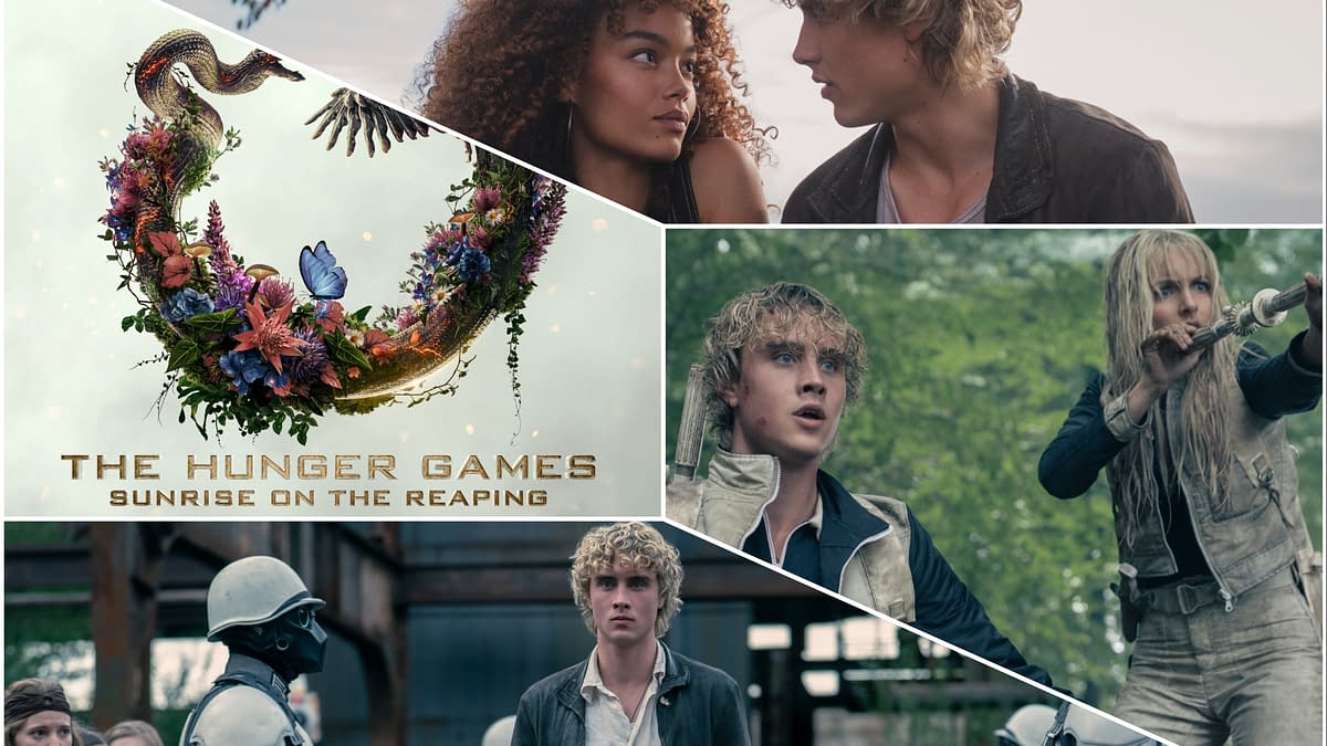 A collage featuring scenes from 'The Hunger Games: Sunrise on the Reaping,' including a floral emblem, characters interacting, and individuals in distress, reflecting themes of survival and unity.