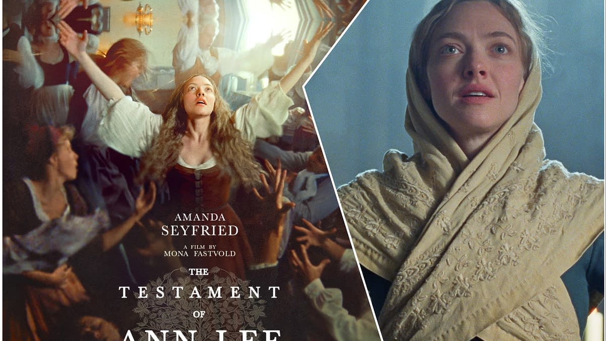 A promotional illustration for "The Testament of Ann Lee," featuring actress Amanda Seyfried in period costumes. The left side depicts a scene with multiple figures, while the right features Seyfried with an intense expression, wearing a cream-colored headscarf.