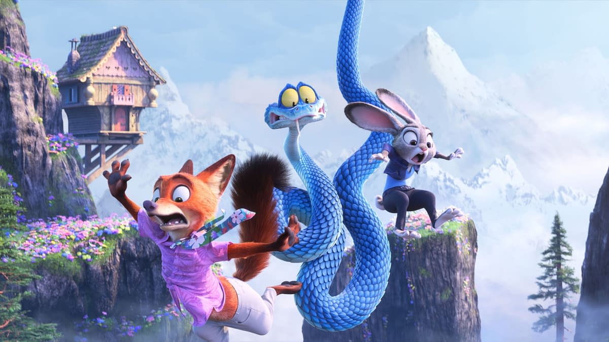 In this cartoon scene from "Zootopia 2," animated characters Judy Hopps, a rabbit, and Nick Wilde, a fox, appear to be surprised as they leap from a cliff alongside a blue snake named Gary De'Snake. The colorful mountainous landscape features flowers and a distant cabin, highlighting the adventurous spirit of the film.