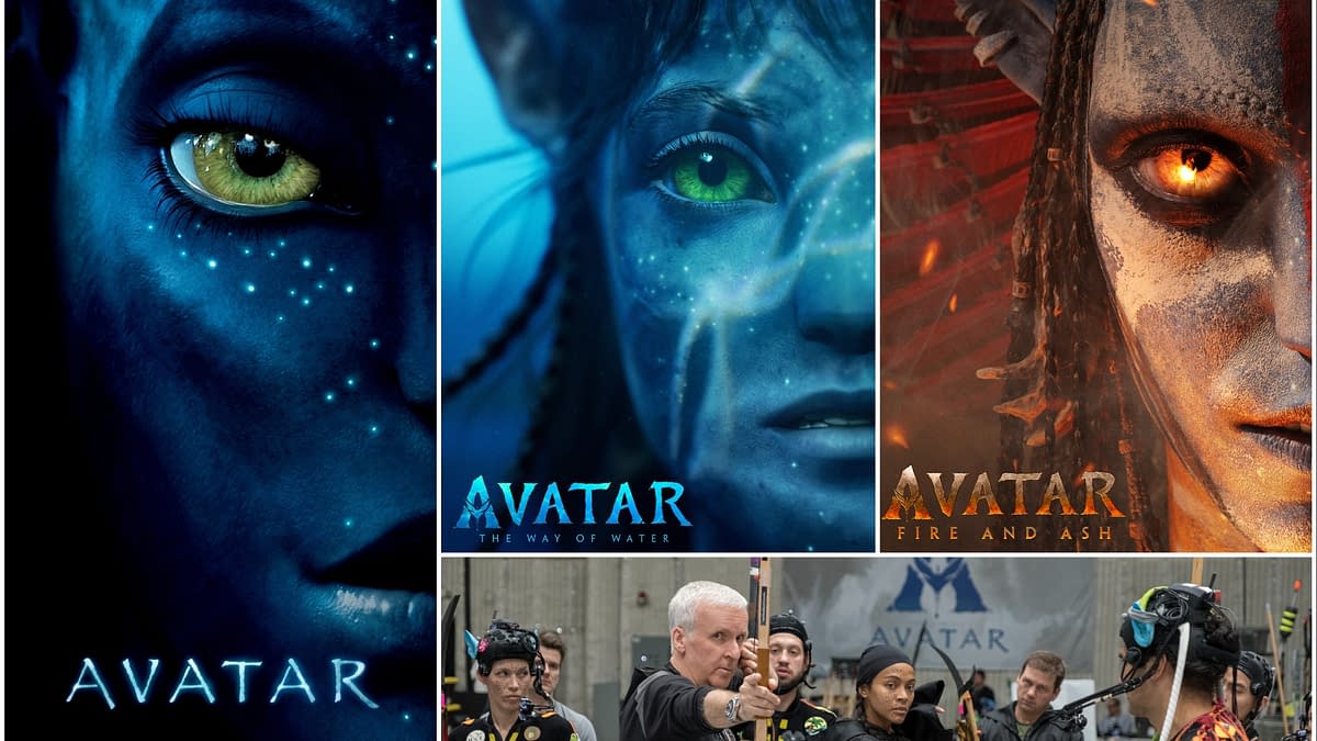 A collage showcasing the 'Avatar' film series, featuring character portraits from 'Avatar' and 'Avatar: The Way of Water,' alongside a scene from behind the scenes with director James Cameron and crew. Notable visual elements include vibrant colors, alien characters, and the title 'Avatar: Fire and Ash.'