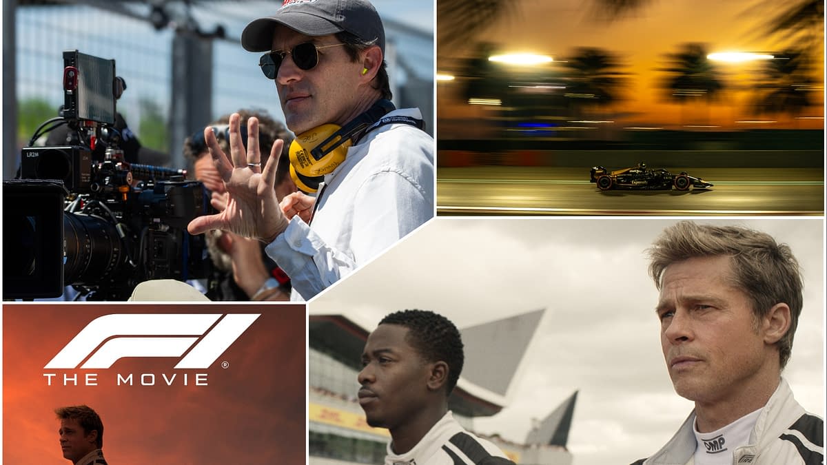 Collage featuring scenes from 'F1®: The Movie', including a film director gesturing on set, a high-speed Formula 1 car in motion, and two actors in racing gear, alongside the movie logo. The composition highlights elements of filmmaking and the excitement of motorsport.