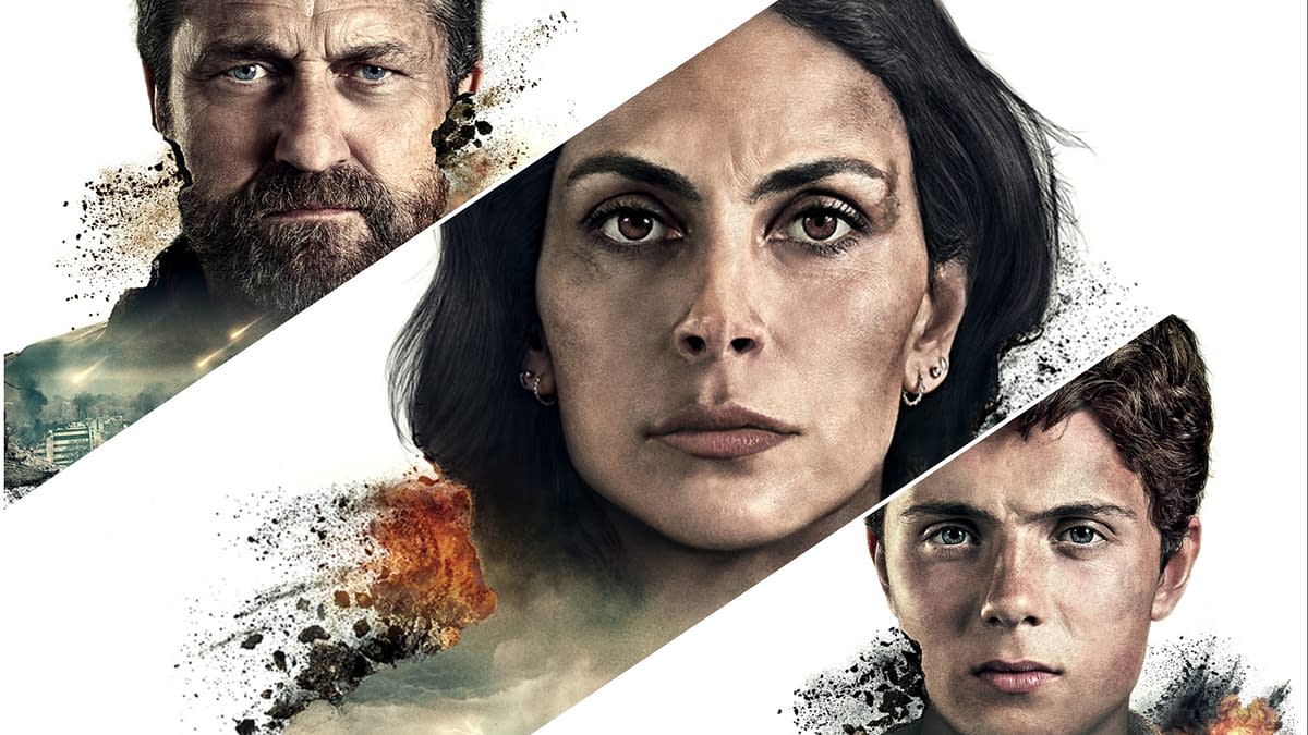 A dramatic illustration featuring three central characters, each with intense expressions. The artwork depicts a middle-aged man with a beard, a woman with long dark hair, and a young boy, all emerging from a backdrop of chaos and destruction, suggesting themes of conflict and migration.