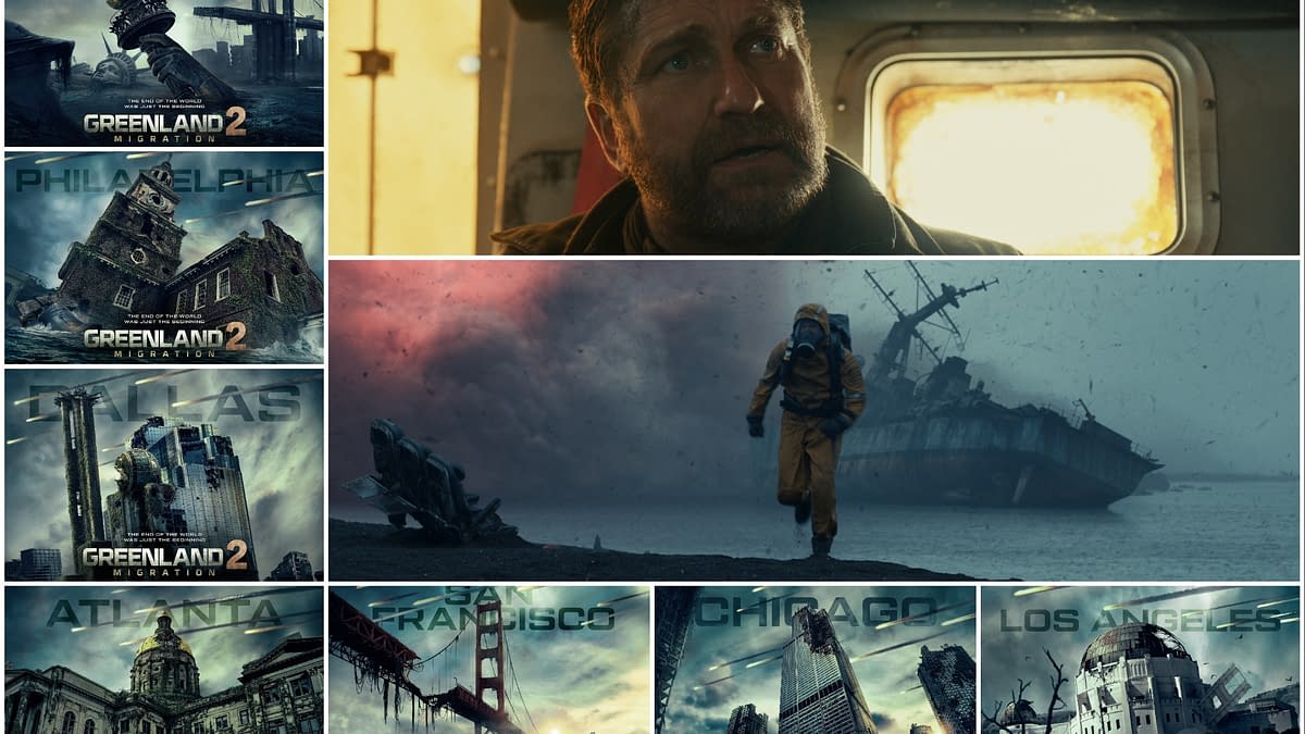 A collage from the film 'Greenland 2: Migration,' featuring a character in a perilous environment alongside promotional images of famous cities like New York, Philadelphia, and San Francisco, all depicted in a dramatic, post-apocalyptic style.