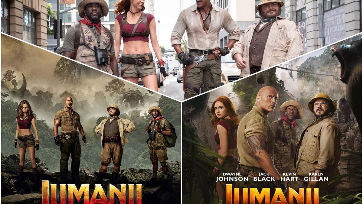 A collage featuring characters from the 'Jumanji' film series, including Dwayne Johnson, Kevin Hart, and Karen Gillan, in adventurous outfits. The top section depicts them in a modern urban setting, while the bottom showcases scenes from the movies 'Jumanji: Welcome to the Jungle' and 'Jumanji: The Next Level,' highlighting the adventurous themes and jungle landscapes.