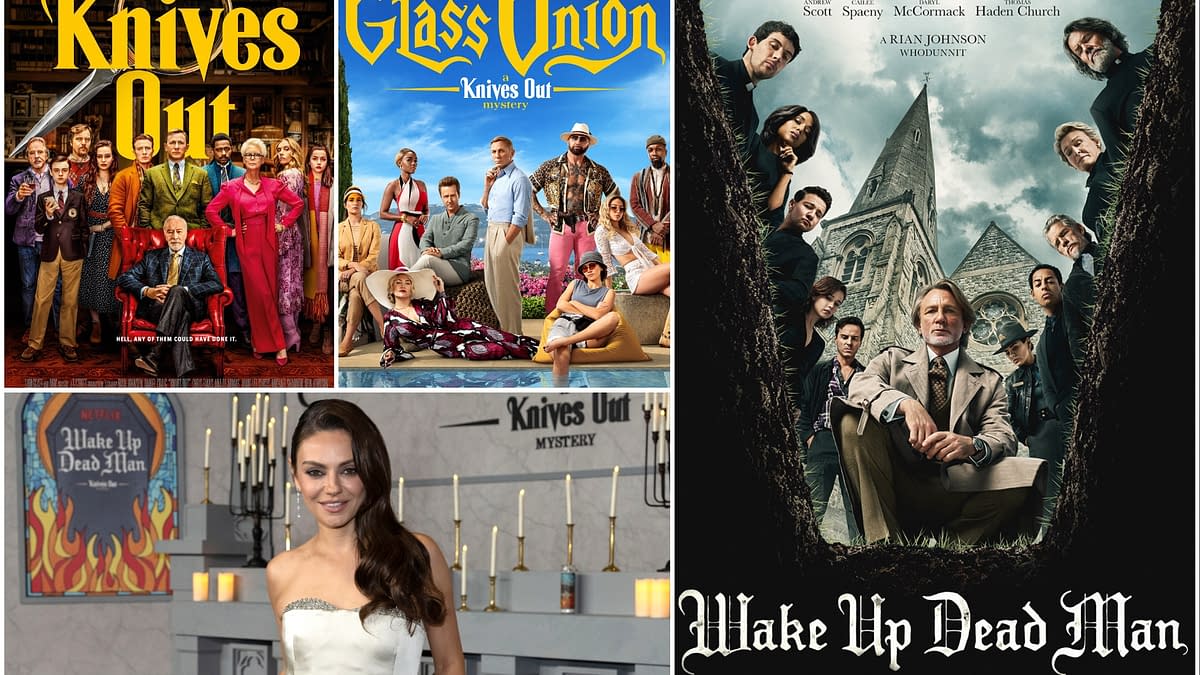 Collage featuring promotional materials from the 'Knives Out' film series, including 'Glass Onion' and 'Wake Up Dead Man,' along with an image of actress Mila Kunis at a promotional event.