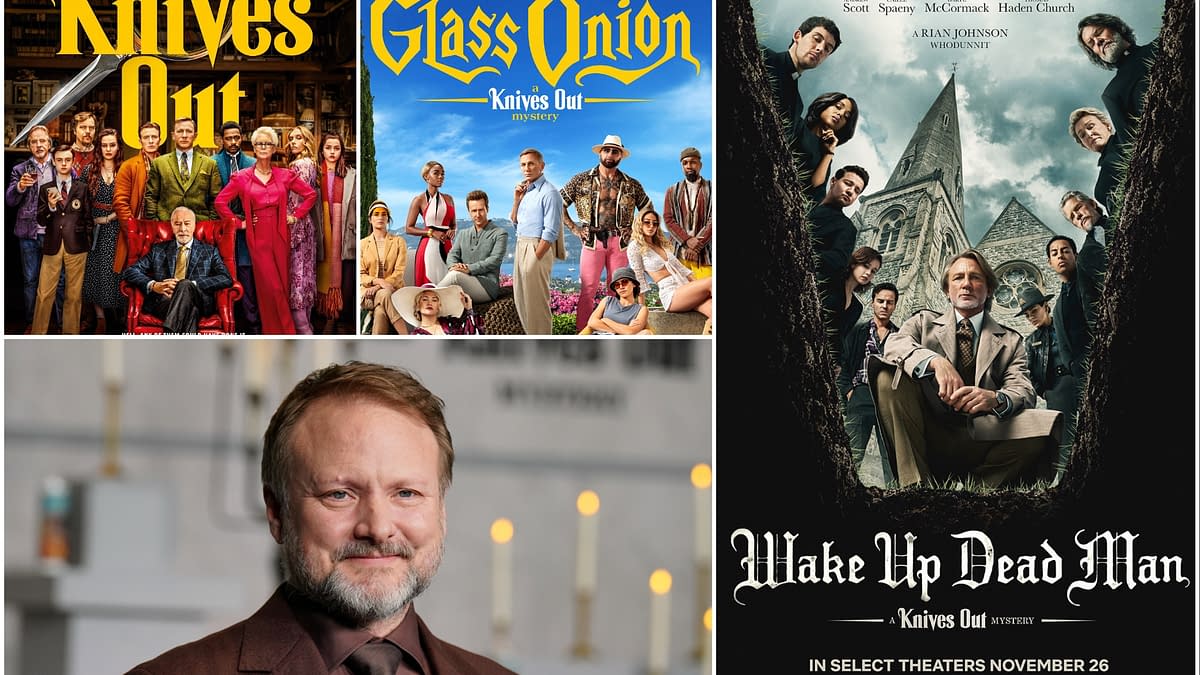 A collage featuring promotional images for the 'Knives Out' movie franchise, including 'Glass Onion' and a poster for 'Wake Up Dead Man,' alongside a portrait of director Rian Johnson. The images highlight the ensemble cast and distinctive styles of the films.