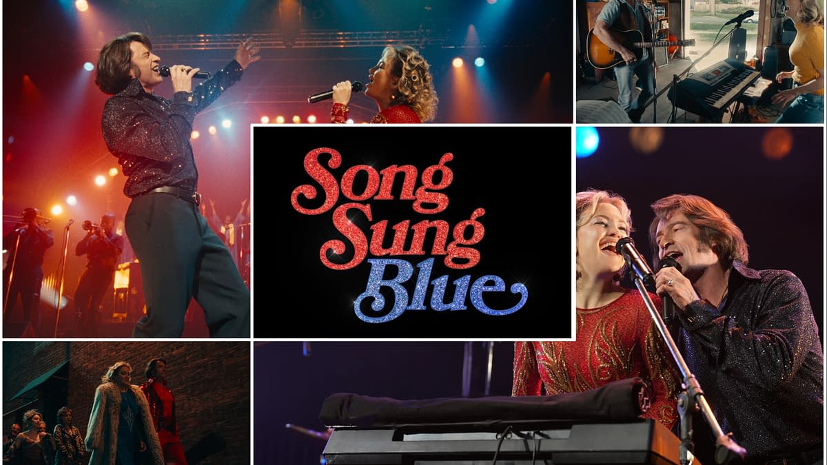 The 'Song Sung Blue' logo, featuring glittering red and blue text, is displayed prominently amidst scenes from a musical performance, including singers on stage and musicians rehearsing. The image captures the vibrant energy of a concert atmosphere.
