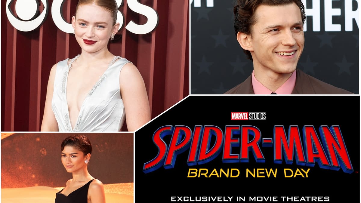 A promotional collage for 'Spider-Man: Brand New Day,' featuring Sadie Sink in a silver dress, a smiling Tom Holland, and Zendaya in a black dress. The image includes the movie title and release date information.