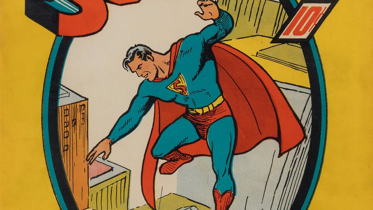 Superman #1 (DC Comics, 1939). An illustration of Superman, depicted in his classic blue and red costume, flying above a cityscape with his hand extended downward. The background features a bright yellow color and includes the number 10 prominently displayed.