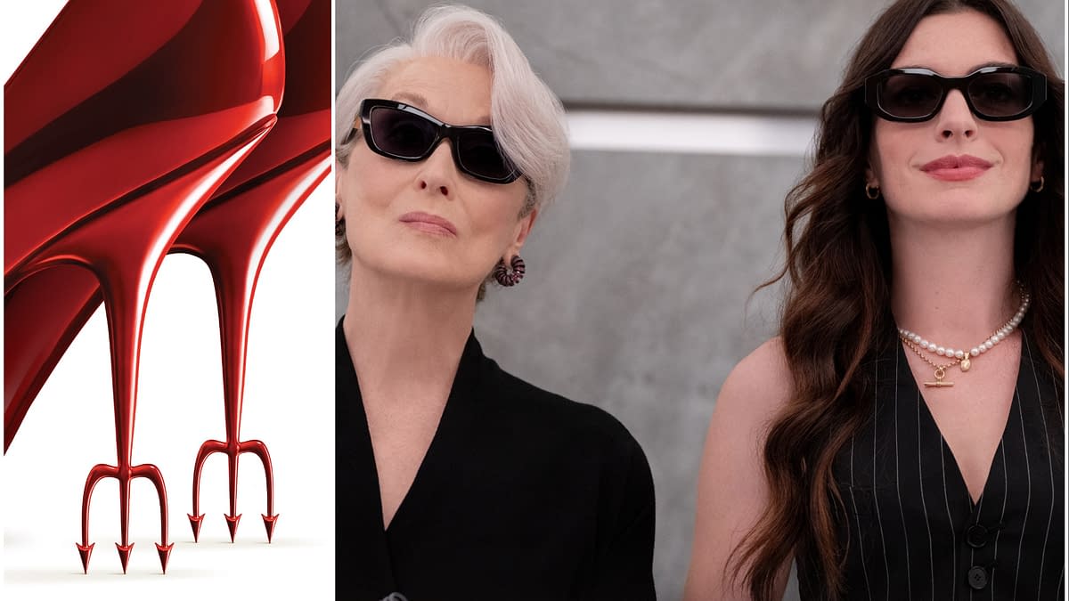 A promotional image for 'The Devil Wears Prada 2' featuring striking red high heels designed with devilish spikes and two women wearing sunglasses, looking confidently at the camera. The image highlights fashion aesthetics related to the movie.