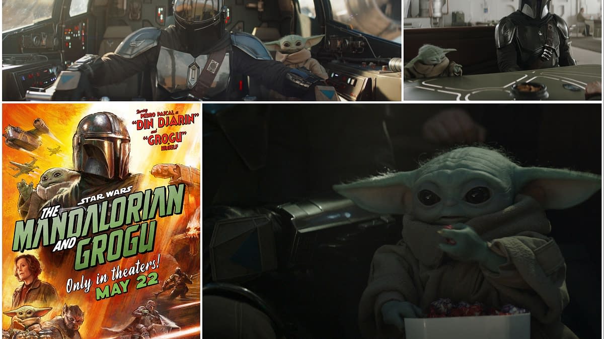 A promotional poster for 'The Mandalorian and Grogu' features the armored figure of the Mandalorian alongside Grogu, the small, green character with large eyes. Action scenes from the series are depicted in the background, emphasizing the adventure and excitement of the story.