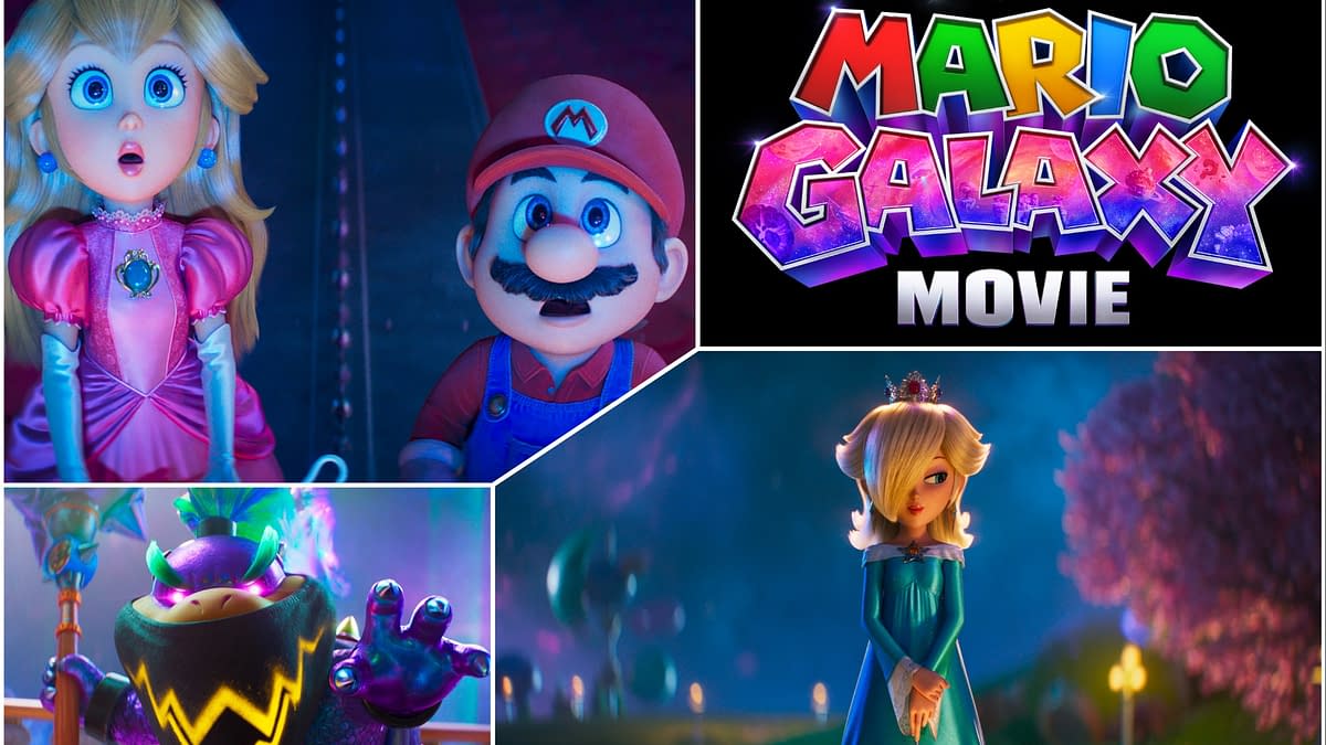 A vibrant illustration from 'The Super Mario Galaxy Movie,' featuring Mario and Princess Peach looking surprised, with a logo of the movie prominently displayed. In the corners, characters including Bowser in a dramatic pose and Rosalina in a blue dress are depicted, highlighting a fantastical theme.