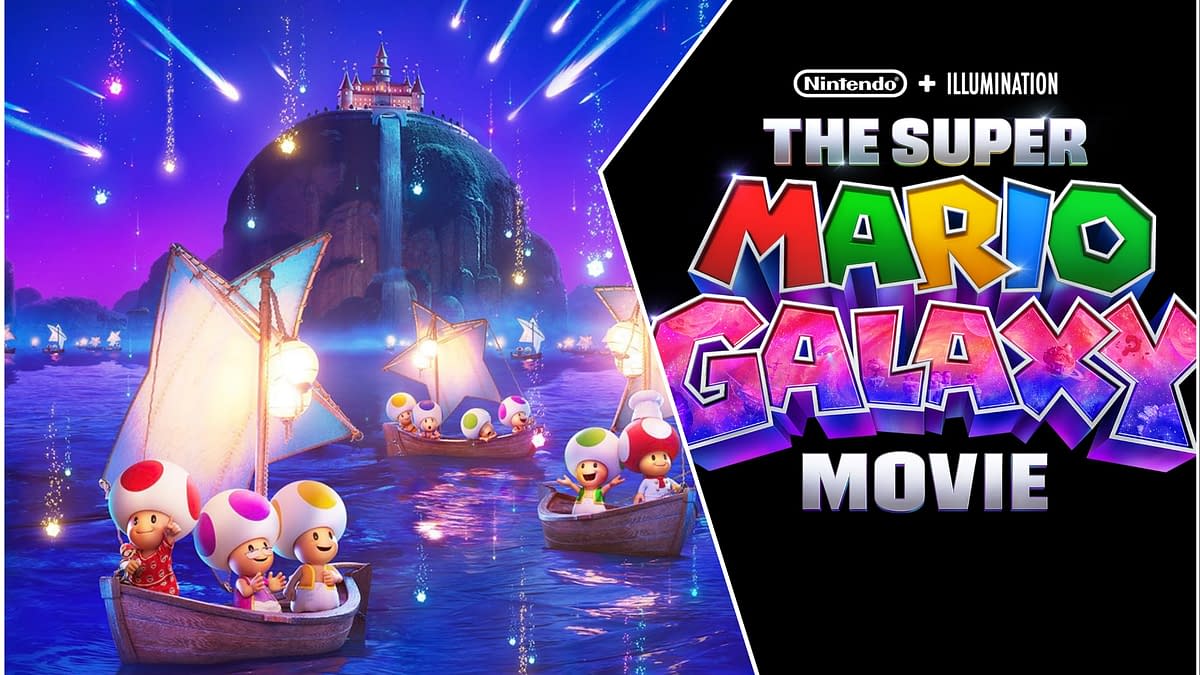 An illustration for 'The Super Mario Galaxy Movie,' featuring colorful Toad characters on boats in a vibrant, starry sea with a fantastical castle in the background. The title is prominently displayed, highlighting the movie's brand.