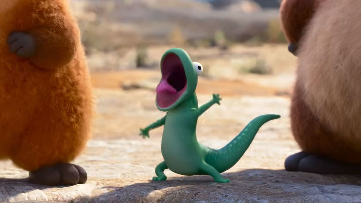Tom the Lizard is excitedly dancing alongside furry friends in a scene from the upcoming Pixar film 'Hoppers'.